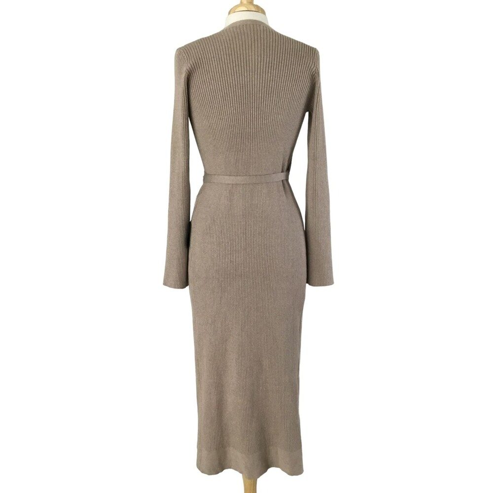 Lulus Iconic Comfort Sweater Dress Womens Medium Taupe Ribbed Surplice Wrap NEW - Picture 7 of 13